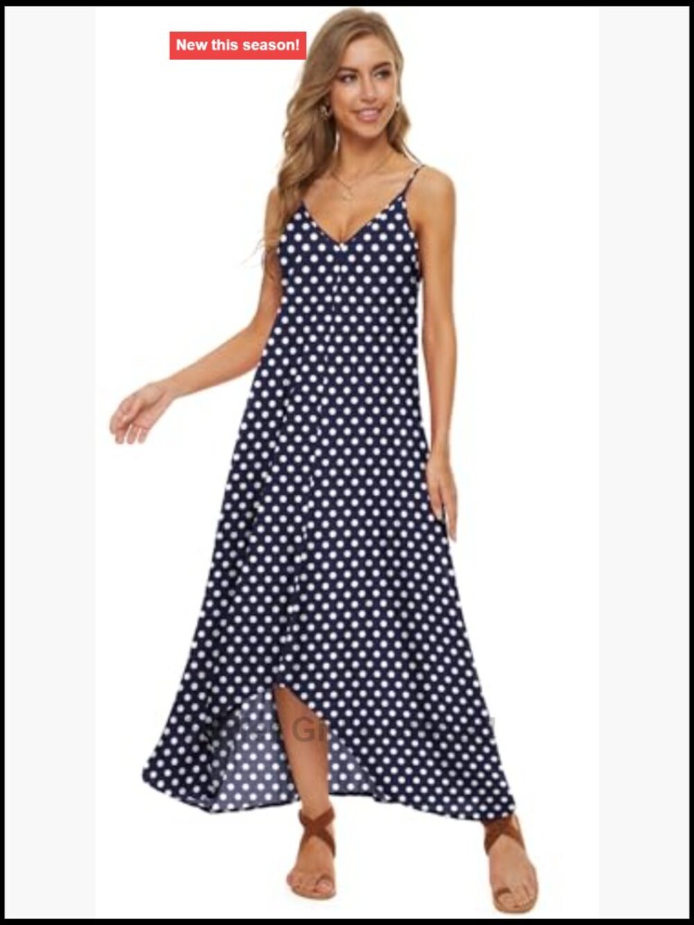 V-Neck Polka Dot Print Spaghetti Strap Boho Long Maxi Dress - Picture 4 of 7